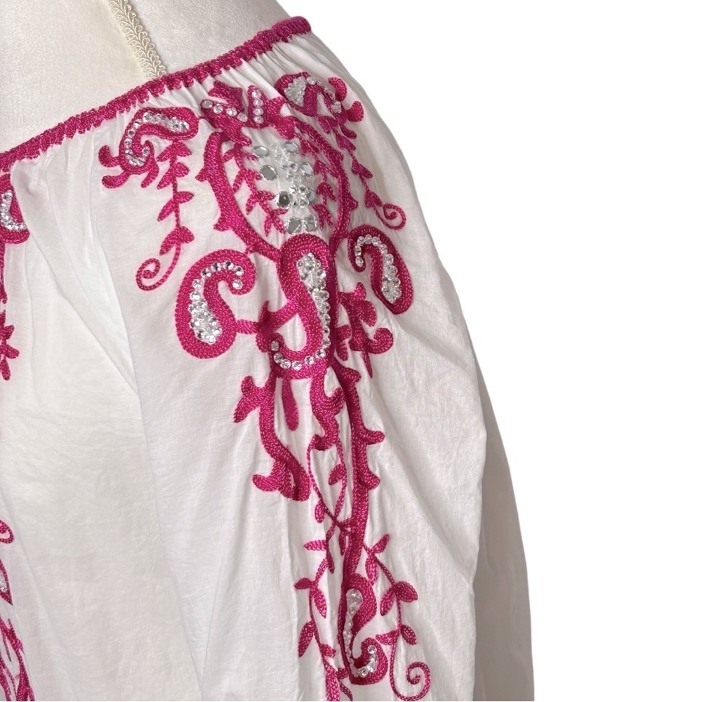 CHICO'S Anelle Blouse 3/4 sleeves Embroidered Embellished White Fuchsia Like new - Picture 10 of 16